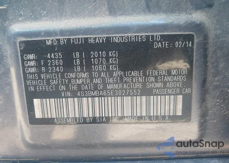 2014 Subaru Legacy 2.5I from USA, damaged, VIN 4S3BMBA65E3027552